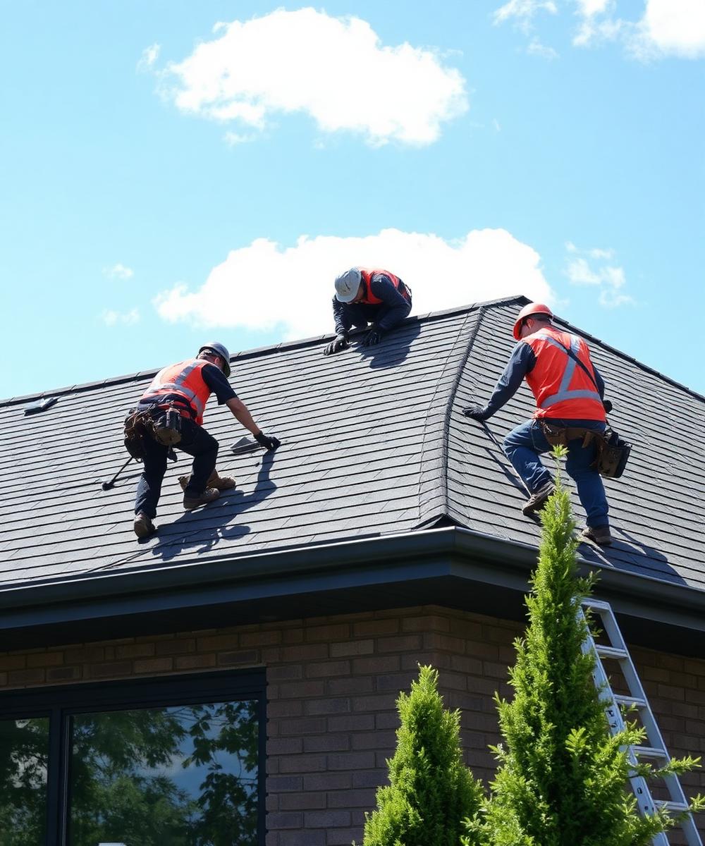AMX Roofing crew installing shingles